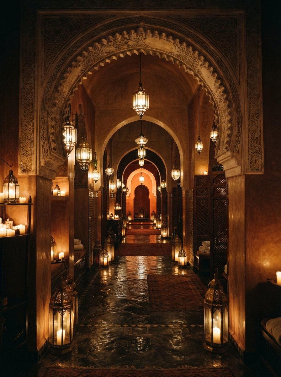 Arche marocaine de l'espace YOMĀ Spa à la lueur des bougies