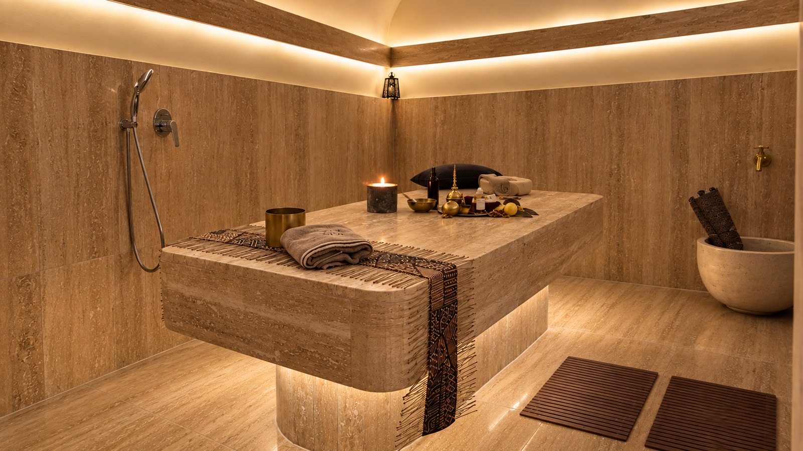 Hammam marocain — bols en cuivre et vapeur